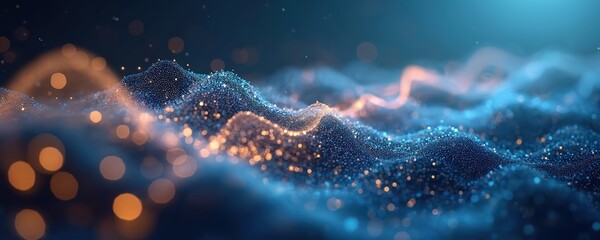 Abstract background with blue wavy particle flow, bokeh and orange glowing lines. Modern data tech, big data visualization, digital electric energy concept, fractal pattern, plasma surface.