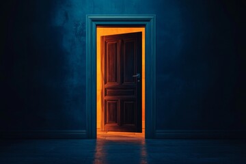 A dimly lit room with a doorway illuminated by an orange glow