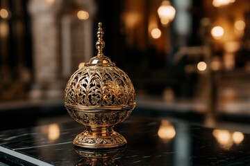 Ornate gold incense burner on dark marble
