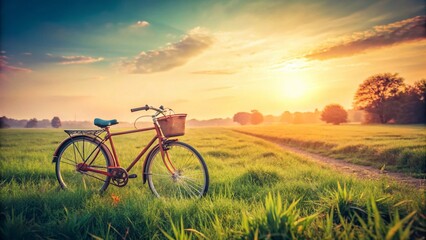 Naklejka premium Hipster Bicycle Ride: Journey Through Green Fields - Stock Photo