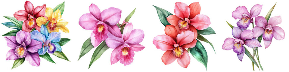 Orchid Flower. Hand-Painted Watercolor Tropical Summer Flowers Isolated Background, Exotic Jungle Bouquet Natural Design