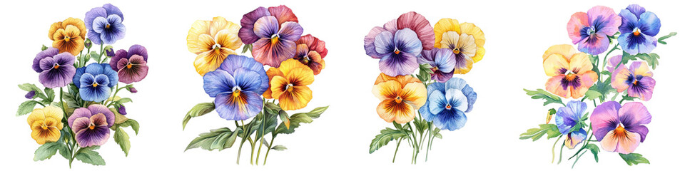 Watercolor Illustration of Colorful Pansies, Hand-Painted Spring Floral Botanical Design White Background, Wedding Deco