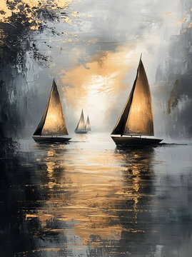Elegant Abstract Painting of Sailboats on Water with Neutral Tones and Gold & Silver Accents, Serene Nautical Art
