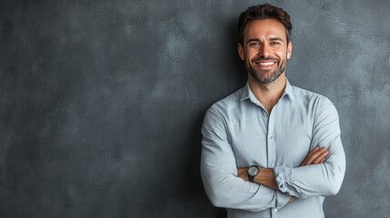 Happy man smiling with arms crossed against dark background.