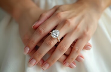 Elegant female hands with nude manicure hold golden ring with big diamond on white fabric background. Luxury engagement, wedding accessory close-up studio shot for jewelry store ads.