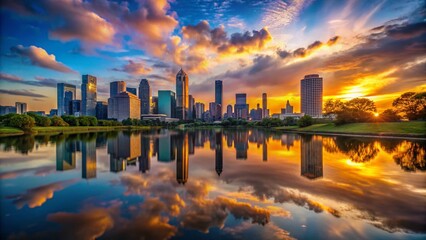 Fototapeta premium Houston Skyline Silhouette Reflection, Texas Cityscape, Dramatic Sunset Landscape
