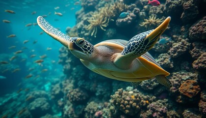 Obraz premium Majestic Sea Turtle Gracefully Navigating a Vibrant Coral Reef Ecosystem