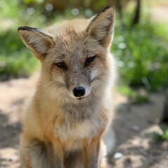 Alert Gray Fox Close-Up: An intimate portrait of a gray fox with a piercing gaze, set against a...