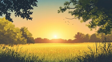 Obraz premium Serene Sunset Over Golden Meadow