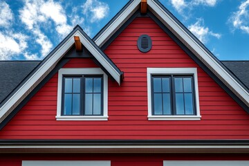 Obraz premium Two-story house with vinyl siding under a blue sky, designed as a web banner with copy space on the right.
