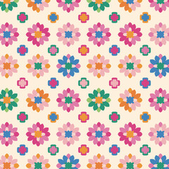 Colorful Repeating Floral Pattern With Vibrant Cross Shapes On Cream Background