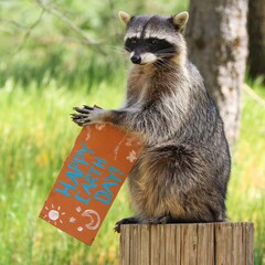 Raccoon Holding Earth Day Sign: A raccoon promoting environmental awareness with a "Happy Earth Day" sign, perfect for eco-themed projects. © Steam Cone Story