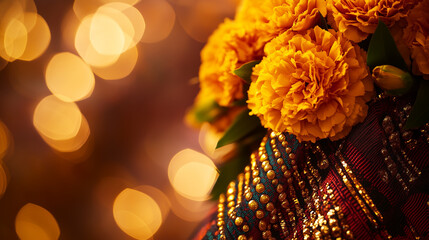 Vibrant kente cloth with golden beads and marigolds, celebrating African Liberation Day with warmth and intricate beauty.