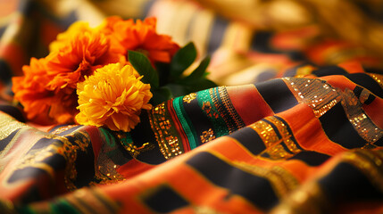Vibrant kente cloth with golden beads and marigolds, celebrating African Liberation Day with warmth and intricate beauty.