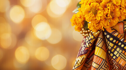 Vibrant kente cloth with golden beads and marigolds, celebrating African Liberation Day with warmth and intricate beauty.