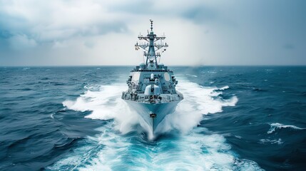 powerful naval warship cuts through turbulent ocean waves under dramatic, cloudy sky, showcasing strength and determination. ship sleek design and advanced technology are evident