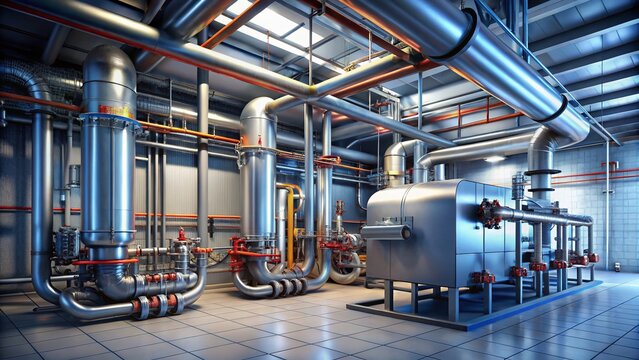 Industrial Hot Water Boiler Room: 3D Render of Efficient Heating System