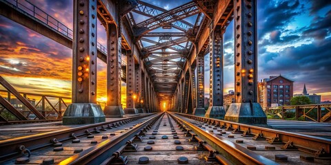 Industrial Railroad Bridge Construction: Train on Steel Girder Structure, Urban Exploration Photography
