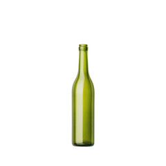 A slender green glass bottle with a long neck, showcasing a smooth surface and a simple design.