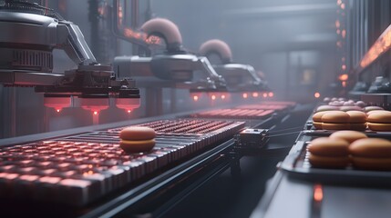 A futuristic food production line featuring automated machinery that assembles hamburgers. The scene showcases advanced technology in a modern industrial kitchen environment.