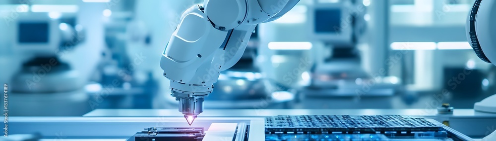 Poster a robotic arm working on precision tasks in a high-tech environment, showcasing modern automation an