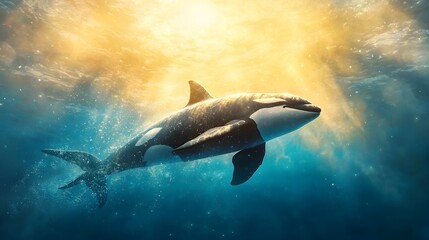 Obraz premium Majestic Orca Gliding Beneath the Surface of the Deep Blue Ocean Its Striking Black and White Pattern Contrasting Beautifully Against the Vast Aquatic Expanse