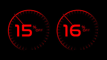 15 and 16 percent off red speedometer with black background