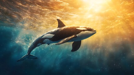 Fototapeta premium Majestic orca whale swimming gracefully beneath the surface its distinct black and white pattern standing out against the deep blue ocean backdrop leaving ample copy space for your design