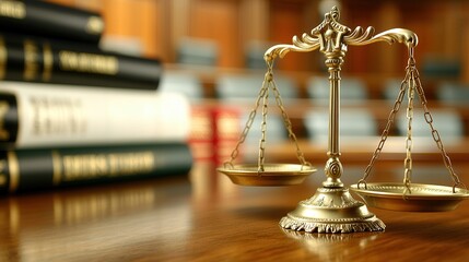 golden balance scale sits prominently on wooden desk in courtroom, symbolizing justice and fairness. In background, blurred law books are visible, emphasizing legal setting