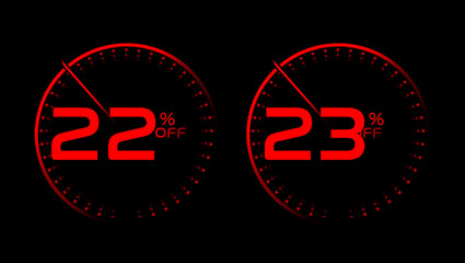 22 and 23 percent off red speedometer with black background