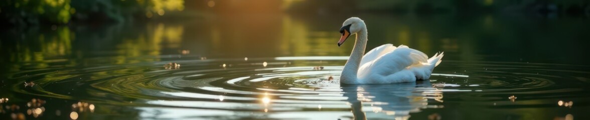 Obraz premium Majestic white swan swimming in still pond, sunlit ripples , birdlife, swimming