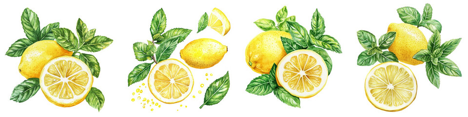 Lemon and Mint Leaves, Fruits and Peppermint on Isolated White Background, Botanical Illustration Watercolor Painting