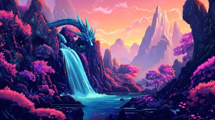 Mystical Dragon Waterfall in a Fantasy Landscape at Sunset