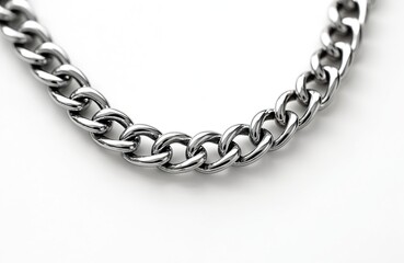 Obraz premium Silver chain lies on white surface. Chrome metal links, elegant pattern, dark shadows. Jewelry accessory shines, reflects light. Perfect minimalistic design, metal art. Luxury necklace, bracelet