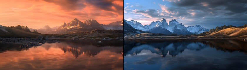 Stunning dual landscape showcasing mountains reflecting in tranquil waters at sunset and dawn.