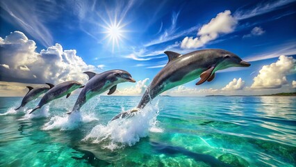 Fototapeta premium Joyful Dolphins Leap and Splash in Ocean Water: Happy Marine Wildlife Stock Photo