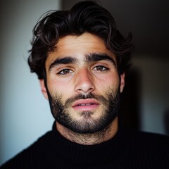 Obraz premium Close-up portrait of a young man with a thoughtful expression and striking blue eyes