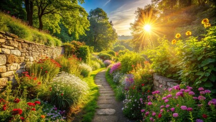 Obraz premium Sunlit Garden Path with Flowers