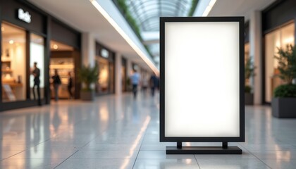 Fototapeta premium Poster stand mockup in shopping mall. Modern empty billboard with blank space. Mock up template banner for advertising, marketing, commercial announcements in public place. Indoor frame. Vertical