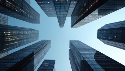 Modern high rise office buildings in financial district against blue sky. Business and finance concept in modern metropolis. Architectural design of skyscraper tower in downtown. Urban cityscape.