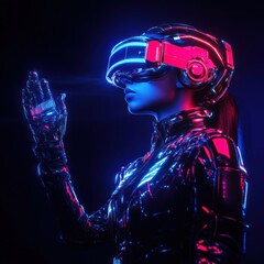 Futuristic woman in VR gear exploring virtual space