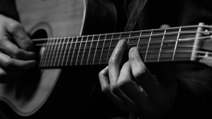 Close-up of hands playing an acoustic guitar in a dimly lit setting, creating a soulful musical atmosphere