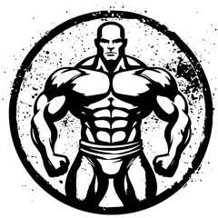 Distressed Black and White Vector Logo Featuring a Flexing Muscular Man &ndash; Ideal for Gym and Fitness Branding