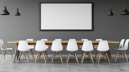 Modern conference room with empty table and chairs