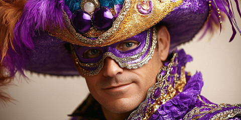 A close-up portrait of a man in a stunning Mardi Gras costume, complete with a majestic mask and feathered hat.
