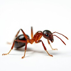 Macro close-up of red ant isolated on white background. Insect has long antennae, black head, eyes. Wildlife pest is small, wild, fauna bug. Concept of teamwork, environment, strength, energy.