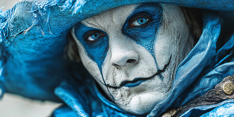 Close-up of a person in blue costume, with striking blue makeup and intense gaze.