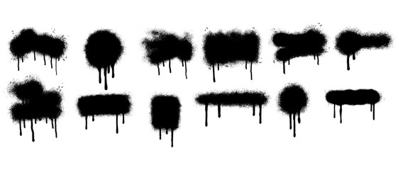 Set of graffiti Spray painted Drips Black ink splatters isolated on white background.
