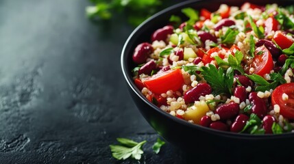 Colorful salad with beans, tomatoes, and herbs on a dark background