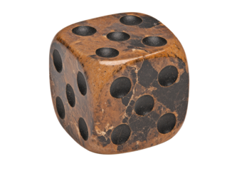 A six-sided die made of a marbled stone, featuring black dots on a rich brown surface.